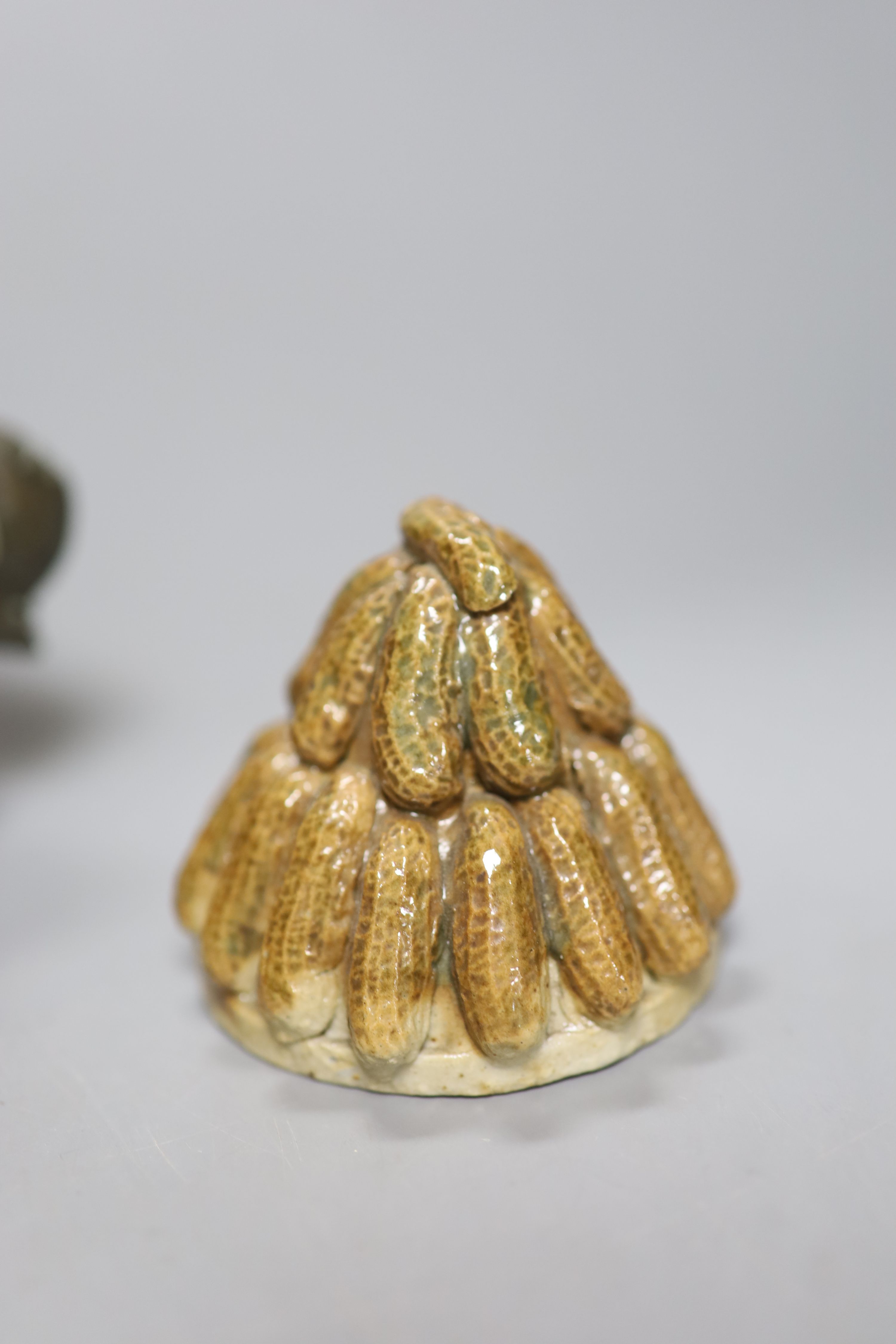 A Chinese bronze and silver inlaid tripod censer, c.1900, a stoneware cover and a crackleglaze inkwell, tallest 10cm